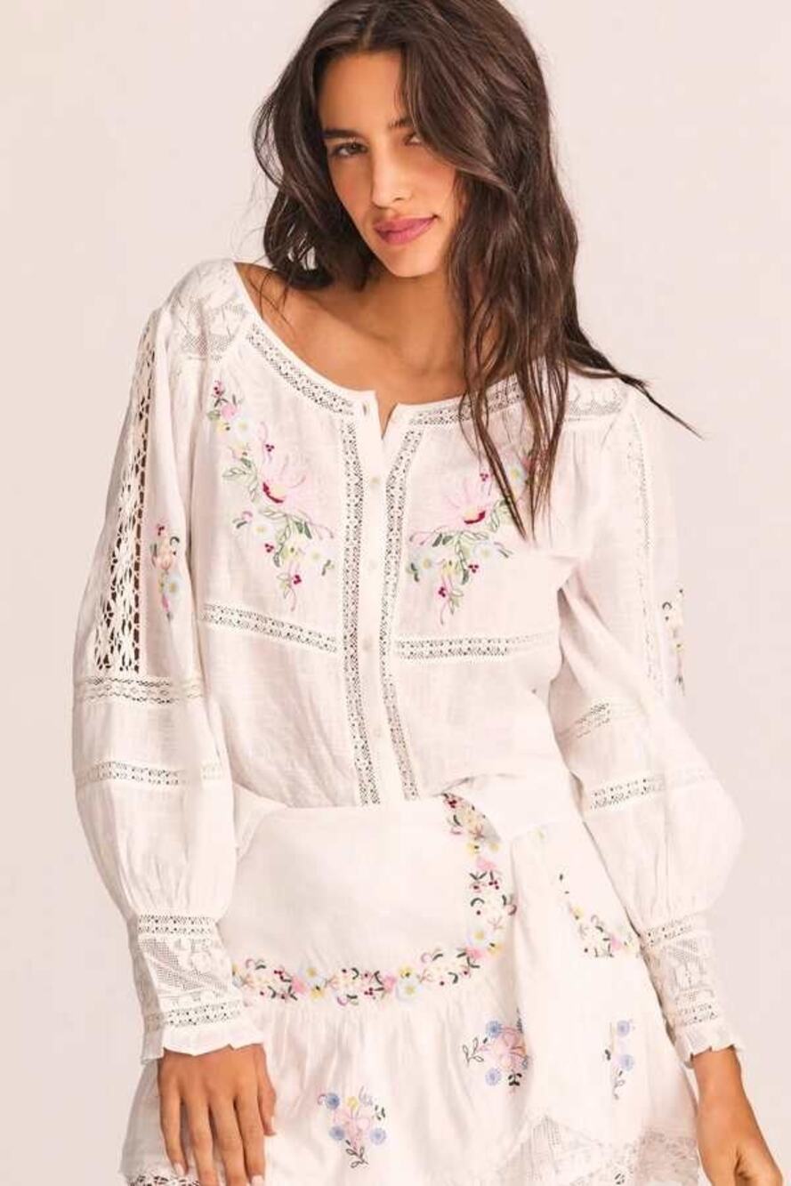 LoveShackFancy Leila Antique White Floral Embroidered Lace Long Sleeve Blouse S